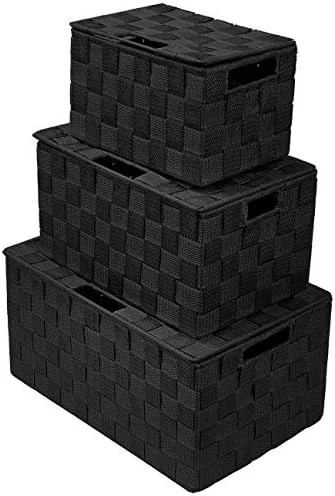 Sorbus Storage Box Woven Basket Bin Container Tote Cube Organizer Set Stackable Storage Basket Woven Strap Shelf Organizer Built-In Carry Handles (Lid Bins - 3 Pack, Gray) 7 Sorbus Storage Box Woven Basket Bin Container Tote Cube Organizer Set Stackable Storage Basket Woven Strap Shelf Organizer Built-In Carry Handles (Lid Bins - 3 Pack, Gray) - Image 7