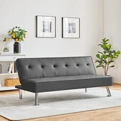Yaheetech Convertible Sofa Couch Futon Bed Faux Leather Sofa Bed Sleeper Adjustable Loveseat Futon Couch Living Room Furniture With Chrome Metal Legs, Gray -Songmics Furniture Shop 41jr9P7iidL