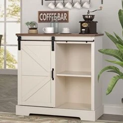 Sophia & William Coffee Bar Cabinet For Kitchen, Farmhouse Sideboard Buffet Storage Cabinet With Sliding Barn Door, Ivory