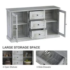 Furduzz Kitchen Sideboard 52” Buffet Cabinet With Glass Doors, 3 Drawers And Display Shelves,Wooden Coffee Bar Cupboard Server Console Table Floor Cabinet For Home Dining Room Living Room Storage,Gray -Songmics Furniture Shop 41jyeedRdFL