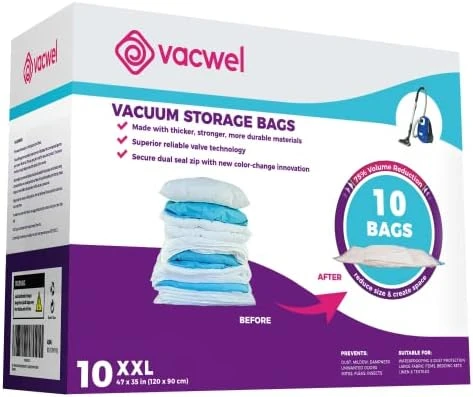 Vacwel 3-Pack XXL - Vacuum Storage Bags - Space Saver Bags For Clothes Storage – XL Comforters - Mattress Topper - Blanket Storage – Vacuum Sealer Bags – Ziplock Sealed - 3x XXL Bags (47x35in) - Bonus 1x Large Bag (32x21in) 7 Vacwel 3-Pack XXL - Vacuum Storage Bags - Space Saver Bags For Clothes Storage – XL Comforters - Mattress Topper - Blanket Storage – Vacuum Sealer Bags – Ziplock Sealed - 3x XXL Bags (47x35in) - Bonus 1x Large Bag (32x21in) - Image 7