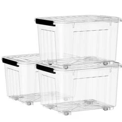 Cetomo 35L*3 Storage Box Storage Bin With Wheels Storage Container With Click Closure And Lid Stackable Transparent Organizer