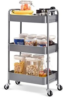 TOOLF 3-Tier Rolling Cart, Metal Utility Cart With Lockable Wheels, Storage Craft Art Cart Trolley Organizer Serving Cart Easy Assembly For Office, Bathroom, Kitchen, Kids' Room, Classroom (White) -Songmics Furniture Shop 41k4tWdjJfL. AC