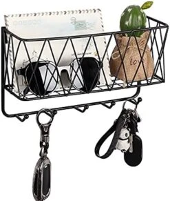 OROPY Entryway Mail Holder With Key Hooks, 11.0" L×2.6" W×5.1" H, Wall Mounted Matte Black Metal Wire Mesh Storage Basket With 5 Hooks, Easy To Organize Letters, Magazines, Keys, Leashes For Entryway -Songmics Furniture Shop 41k6qQp84YS. AC 1