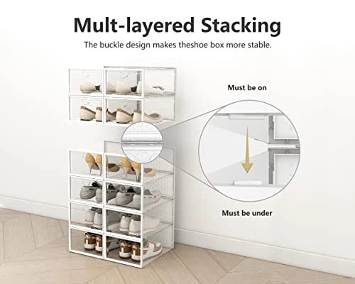 Pinkpum Shoe Ogranizer For Closet, 12 Pack Shoe Storage Boxes Clear Plastic Stackable, Shoe Containers Storage With Lids, Sneaker Container Bin Holder, White 4 Pinkpum Shoe Ogranizer For Closet, 12 Pack Shoe Storage Boxes Clear Plastic Stackable, Shoe Containers Storage With Lids, Sneaker Container Bin Holder, White - Image 4