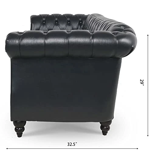 HomSof Rolled Arm Chesterfield 3 Seater Sofa, Mid Century Modern Couch For Small Spaces, Black PU|line 84‘’ 2 HomSof Rolled Arm Chesterfield 3 Seater Sofa, Mid Century Modern Couch For Small Spaces, Black PU|line 84‘’ - Image 2