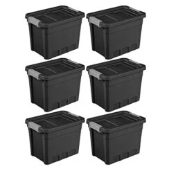 Sterilite 7.5 Gallon Stackable Rugged Industrial Storage Tote Containers With Gray Latching Clip Lids For Garage, Attic, Or Worksite, Black (6 Pack)