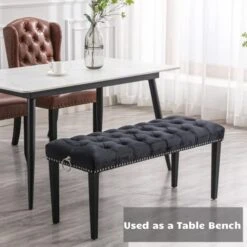 HEAH-YO Modern Velvet Tufted Bench, 18" Seat Height Upholstered Ottoman Dining Bench With Pull Rings, Nailhead Trim Footstool For Entryway Bedroom Kitchen Dining Table, Black