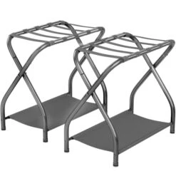 Bartnelli 2-Pack Premium Luggage Rack With Folding Storage Shelf | Collapsible Metal Suitcase Stand With Foldable Durable Nylon Straps For Bedroom, Guest Room, Or Hotel