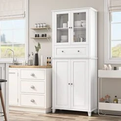 FACBOTALL 76'' Kitchen Pantry Storage Cabinet, Pantry Cabinet, Freestanding Kitchen Cupboard With Large Drawer, Doors, And Adjustable Shelves For Dining Room, Living Room, Laundry, White
