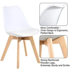 LSSBOUGHT Modern Style Dining Chairs,Shell Lounge Plastic Chair With Soft Padded Seat And Solid Wooden Legs Set Of 4 (White) 8 LSSBOUGHT Modern Style Dining Chairs,Shell Lounge Plastic Chair With Soft Padded Seat And Solid Wooden Legs Set Of 4 (White) -Songmics Furniture Shop 41kdNM8THmL