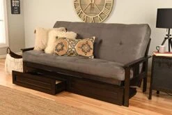 Kodiak Furniture Monterey Futon Set With Storage Drawers, With Espresso Base And Suede Grey Mattress