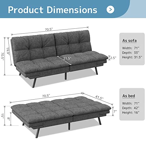WOod-it Futon Sofa Bed, Memory Foam Foldable Couch Convertible Loveseat Sleeper Daybed With Adjustable Armrests For Small Space, Studio, Office, Apartment, Compact Living Room, Dark Gray 2 WOod-it Futon Sofa Bed, Memory Foam Foldable Couch Convertible Loveseat Sleeper Daybed With Adjustable Armrests For Small Space, Studio, Office, Apartment, Compact Living Room, Dark Gray - Image 2