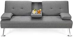 Giantex Modern Convertible Futon Sofa Bed, Linen Upholstered Futon Sofa Sleeper W/Metal Leg, Removable Armrests, 2 Cup Holders, Backrest Adjustable, Folding Futon Sofa Bed For Apartment (Dark Gray) -Songmics Furniture Shop 41kv9IeP7GL. AC