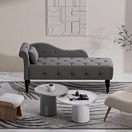 WIILAYOK Chaise Lounge Indoor With Pillow, Velvet Lounge Chair With Buttons Nailhead Trim And Solid Wood Legs, Recliner Lounge Chair For Living Room Bedroom (Grey) 3 WIILAYOK Chaise Lounge Indoor With Pillow, Velvet Lounge Chair With Buttons Nailhead Trim And Solid Wood Legs, Recliner Lounge Chair For Living Room Bedroom (Grey) - Image 3