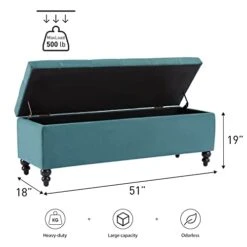 HUIMO Button-Tufted Ottoman With Storage In Upholstered Fabrics, Large Storage Bench For Bedroom, Living Room, Entryway, Storage Ottoman Bench With Safety Hinge Hold Up To 300lbs（Dark Teal）