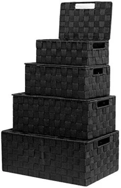 VK Living Woven Storage Box Basket Bin Container, Woven Strap Basket, Nylon Woven Box Basket, Underwear Bra Storage Organizer Divider For Drawer, Dresser, Closet, Black, Set Of 4 -Songmics Furniture Shop 41l8Pc34tiL. AC