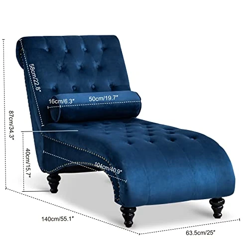 ONPNO Tufted Velvet Chaise Lounge Indoor, Leisure Accent Chair Upholstered Couch With Toss Pillow For Bedrooom Living (Blue) 2 ONPNO Tufted Velvet Chaise Lounge Indoor, Leisure Accent Chair Upholstered Couch With Toss Pillow For Bedrooom Living (Blue) - Image 2