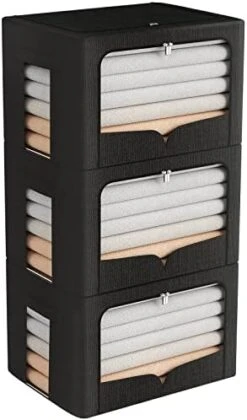 3 Pack Clothes Storage Bins - Foldable Metal Frame Storage Box - Stackable Linen Fabric Organizer Set With Carrying Handles And Clear Window (Beige, 19.7x15.7x12.6inch(66L)) -Songmics Furniture Shop 41lCXpHTfrL. AC