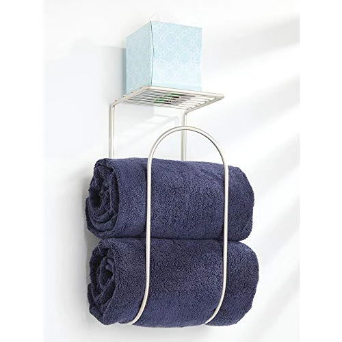 MDesign Modern Metal Wire Wall Mount Towel Rack Holder And Organizer With Storage Shelf - For Bathroom Towels, Washcloths, Hand Towels - Decorative Curved Design - Satin 2 MDesign Modern Metal Wire Wall Mount Towel Rack Holder And Organizer With Storage Shelf - For Bathroom Towels, Washcloths, Hand Towels - Decorative Curved Design - Satin - Image 2