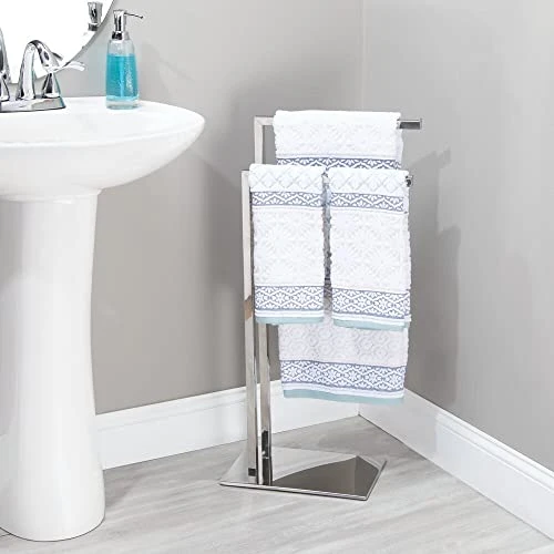 MDesign Tall Modern Stainless Steel Towel Rack Holder - 2 Tier Organizer For Bathroom Storage And Organization Next To Tub Or Shower, Holds Bath & Hand Towels, Washcloths - Chrome 2 MDesign Tall Modern Stainless Steel Towel Rack Holder - 2 Tier Organizer For Bathroom Storage And Organization Next To Tub Or Shower, Holds Bath & Hand Towels, Washcloths - Chrome - Image 2
