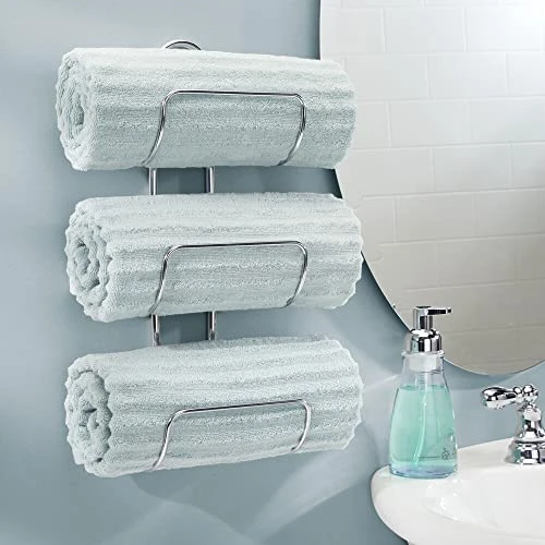 MDesign Modern Decorative Metal 3-Level Wall Mount Towel Rack Holder And Organizer For Storage Of Bathroom Towels, Washcloths, Hand Towels - 2 Pack - Chrome 2 MDesign Modern Decorative Metal 3-Level Wall Mount Towel Rack Holder And Organizer For Storage Of Bathroom Towels, Washcloths, Hand Towels - 2 Pack - Chrome - Image 2