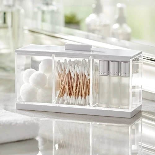 MDesign Cosmetic Divided Organizer Storage Canister Box With 3 Sections And Lid For Bathroom Vanity Countertop - Holder For Cotton Swabs, Perfume, Lipstick - Lumiere Collection - Clear/White 2 MDesign Cosmetic Divided Organizer Storage Canister Box With 3 Sections And Lid For Bathroom Vanity Countertop - Holder For Cotton Swabs, Perfume, Lipstick - Lumiere Collection - Clear/White - Image 2