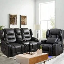 SAMERY Electric Power Recline Chair Loveseat RV Sofa With Console + Single Massage Recliner Chairs, Double Recliner 2-Seater RV Couch Home Theater Seating With USB Charging/Lighting/Cup Holders