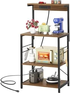 Topfurny Baker‘s Rack With Power Outlet, Microwave Stand Kitchen Storage Shelf, Kitchen Organizer Rack With 5 Hooks, Industrial Coffee Bar Table For Kitchens With Storage, Black -Songmics Furniture Shop 41mFxBaf7L. AC