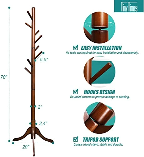 TinyTimes Wooden Coat Rack Free Standing, Sturdy Rustic Hall Tree Coat Tree Coat Hanger With 8 Hooks, For Coat, Hat, Clothes, Scarves, Handbags, Umbrella (Dark Brown) 2 TinyTimes Wooden Coat Rack Free Standing, Sturdy Rustic Hall Tree Coat Tree Coat Hanger With 8 Hooks, For Coat, Hat, Clothes, Scarves, Handbags, Umbrella (Dark Brown) - Image 2
