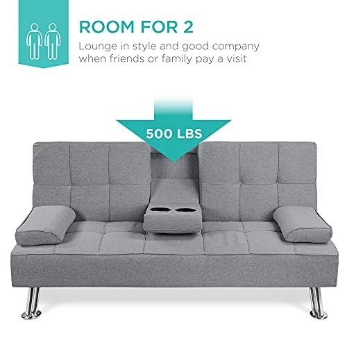 GENERIC Linen Upholstered Modern Convertible Folding Futon Sofa Bed For Compact Living Space, Apartment, Dorm, Bonus Room W/Removable Armrests, Metal Legs, 2 Cupholders - Gray 3 GENERIC Linen Upholstered Modern Convertible Folding Futon Sofa Bed For Compact Living Space, Apartment, Dorm, Bonus Room W/Removable Armrests, Metal Legs, 2 Cupholders - Gray - Image 3
