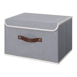 ANMINY Storage Bin With Lid Storage Boxes With PU Leather Handles PP Plastic Board Decorative Foldable Lidded Cotton Linen Fabric Home Cubes Baskets Closet Organizer Container - Gray, Large Size