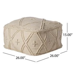 Christopher Knight Home Nina Large Square Casual Pouf, Boho, White Wool And Cotton