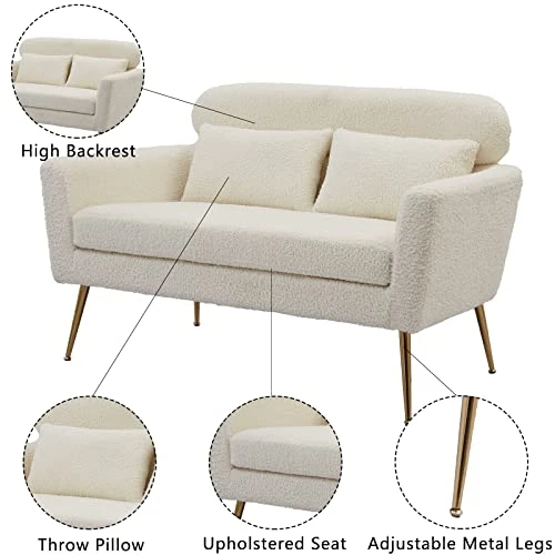 Betoko 51‘’ Loveseat Sofa Small Couch Two Seat Mid Century Modern Sofa With 2 Throw Pillows And Gold Metal Legs For Small Space Office Studio Apartments Bedroom,Ivory 2 Betoko 51‘’ Loveseat Sofa Small Couch Two Seat Mid Century Modern Sofa With 2 Throw Pillows And Gold Metal Legs For Small Space Office Studio Apartments Bedroom,Ivory - Image 2