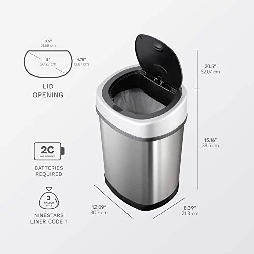 NINESTARS DZT-12-9 Automatic Touchless Infrared Motion Sensor Trash Can, 3 Gal. 12 L., Stainless Steel (Oval, Silver/Black Lid) 3 NINESTARS DZT-12-9 Automatic Touchless Infrared Motion Sensor Trash Can, 3 Gal. 12 L., Stainless Steel (Oval, Silver/Black Lid) - Image 3