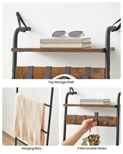 VASAGLE Blanket Ladder Shelf, Blanket Holder Rack For Living Room, Decorative Ladder With Removable Hooks, Top Storage Shelf, Metal Frame, Rustic Brown And Black ULLS017B01 -Songmics Furniture Shop 41msGEx5TxL
