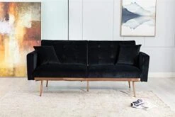 LANTRO JS Velvet Futon Sofa Bed, Comfortable Loveseat With Rose Gold Metal Feet, Perfect For Small Spaces, Black
