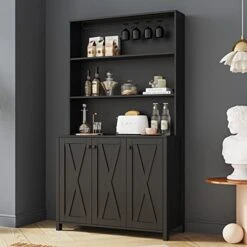 Weselon Large Kitchen Pantry Cabinet, Storage Hutch With Microwave Stand & Wine Rack, Freestanding Kitchen Cupboard Buffet Bar Cabinet With Barn Door & Open Shelves For Home (Black)