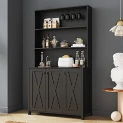 Weselon Large Kitchen Pantry Cabinet, Storage Hutch With Microwave Stand & Wine Rack, Freestanding Kitchen Cupboard Buffet Bar Cabinet With Barn Door & Open Shelves For Home (Black) -Songmics Furniture Shop 41nWa6FcBVL. AC