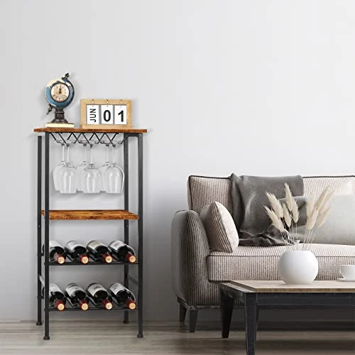 YBING Wine Rack Freestanding Floor Wine Bar Rack With Glass Holder And Tabletop 8 Bottle Wood Wine Tables With Racks 4 Tier Wine Bottle Organizer Display Storage Stand, Rustic Brown 2 YBING Wine Rack Freestanding Floor Wine Bar Rack With Glass Holder And Tabletop 8 Bottle Wood Wine Tables With Racks 4 Tier Wine Bottle Organizer Display Storage Stand, Rustic Brown - Image 2