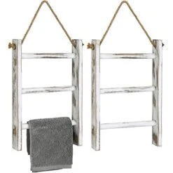 MyGift 3-Tier Wall Hanging Towel Ladder - Farmhouse Whitewashed Wood Mini Hand Towel Rack With Top Rope, Set Of 2