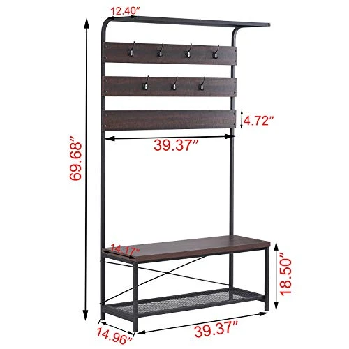 Entryway Coat Rack Bench, Modern Hall Tree With Storage Bench, Wood And Metal Hallway Bench With Coat Rack, 39x70 Inch Espresso 3 Entryway Coat Rack Bench, Modern Hall Tree With Storage Bench, Wood And Metal Hallway Bench With Coat Rack, 39x70 Inch Espresso - Image 3