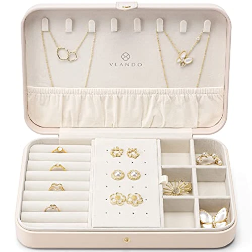 Vlando Travel Jewelry Case For Women - Portable Leather Jewelry Organizer Box For Necklace Earrings Ring Bracelet Small Size- Gifts For Teen, Girls, Moms And Daughters - Apricot White 4 Vlando Travel Jewelry Case For Women - Portable Leather Jewelry Organizer Box For Necklace Earrings Ring Bracelet Small Size- Gifts For Teen, Girls, Moms And Daughters - Apricot White - Image 4