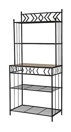 Pilaster Designs Mason Transitional Classic Design 5 Tier Freestanding Kitchen Bakers Rack With Black Metal Frame And Marble Wood Center Shelf