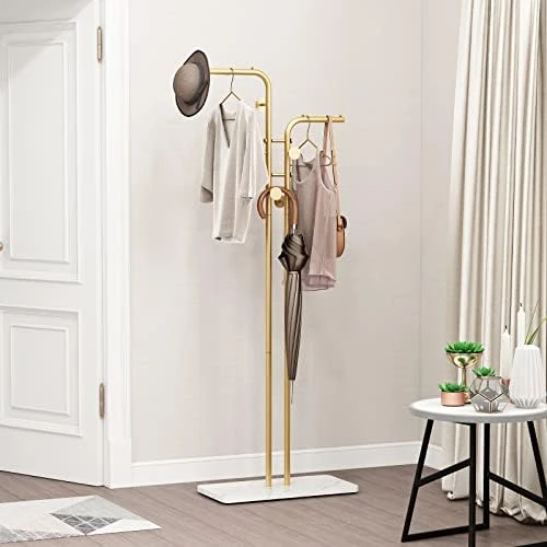 Metal Coat Rack Freestanding With Natural Marble Base, Entryway Coats Hanger Stand With 3 Hooks, Home Hotel Hall Tree-Gold 9 Metal Coat Rack Freestanding With Natural Marble Base, Entryway Coats Hanger Stand With 3 Hooks, Home Hotel Hall Tree-Gold - Image 9
