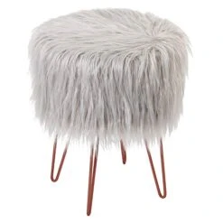 BIRDROCK HOME Silver Faux Fur Vanity Stool Chair - Soft Furry Compact Padded Seat - Vanity, Living Room, Bedroom And Kids Room Chairs - Hair Pin Metal Legs Upholstered Decorative Furniture Foot Rest