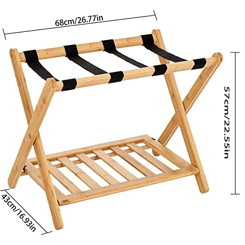 Folding Luggage Rack For Guest Room Pack Of 2 Foldable Luggage Racks For Suitcase Stand With Nylon Straps,Luggage Stand Double Tiers Bamboo Luggage Holder With Shelf For Bedroom,Hotel,No Assembly Required 2 Folding Luggage Rack For Guest Room Pack Of 2 Foldable Luggage Racks For Suitcase Stand With Nylon Straps,Luggage Stand Double Tiers Bamboo Luggage Holder With Shelf For Bedroom,Hotel,No Assembly Required - Image 2