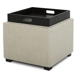 CHITA Storage Ottoman Cube With Tray,Footrest Stool Seat Serve As Side Table, Fabric In Flax