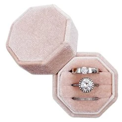 Beatilog Velvet Ring Box 3 Slots - Octagonal Premium Rings Holder Handmade Ring Bearer Jewelry Storage Organizer For Wedding Ceremony, Christmas, Photography Prop (Light Pink)