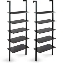 Tangkula 5-Shelf Bookcase, Modern 5-Tier Wood Wall Mounted Ladder Bookshelf With Metal Frame, 72 Inches Tall Industrial Open Ladder Shelf Display Rack Storage Shelves For Home Office (Dark-Brown, 2)